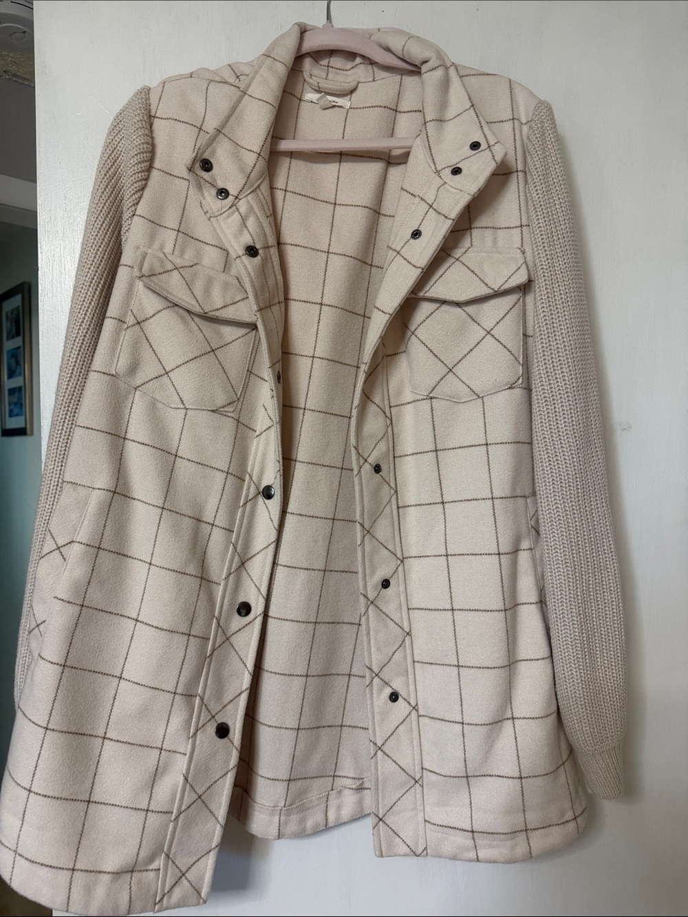 Maurices Cream Windowpane Utility Jacket with Knit Sleeves